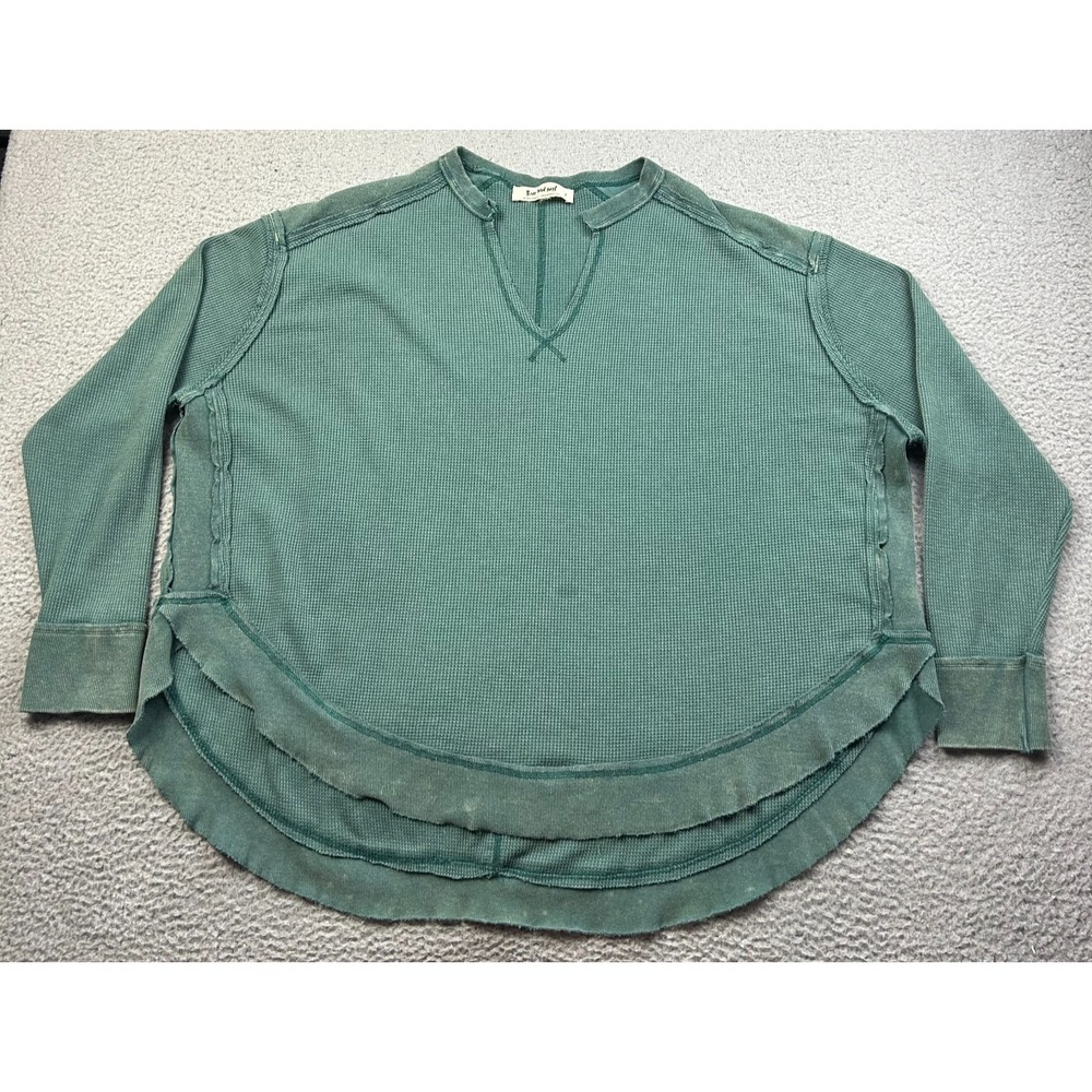 Three Bird Nest Top Women Green Waffle Knit Thermal Raw Edge Boho Pullover Large